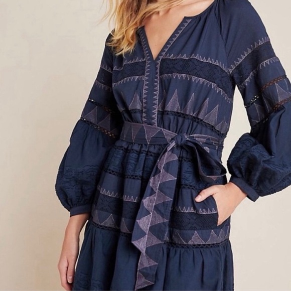 NWOT Anthropologie Skye Embroidered Mini Dress XS Blue Motif Cotton Puff Sleeve - Picture 8 of 16